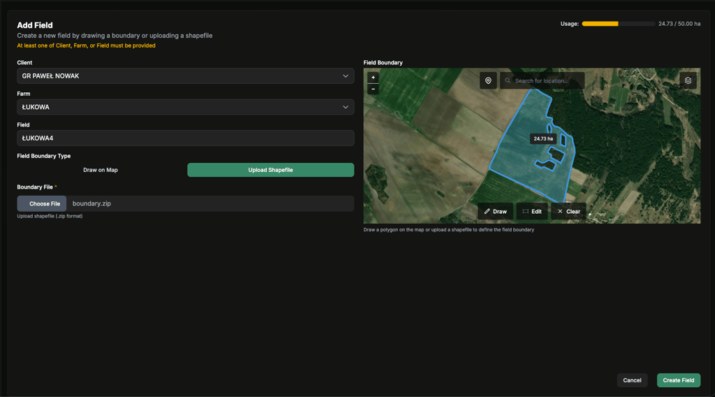 Add Field screen with draw-on-map and upload-shapefile options