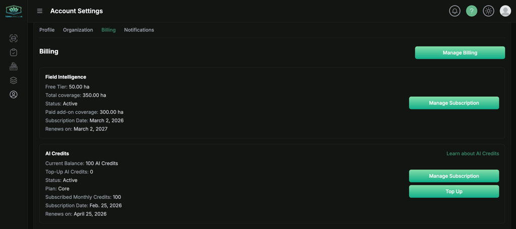 Billing tab showing Field Intelligence coverage and AI Credits