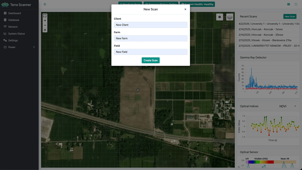 New Scan modal with Client, Farm, and Field inputs