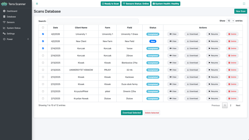Database page with scan list and download actions