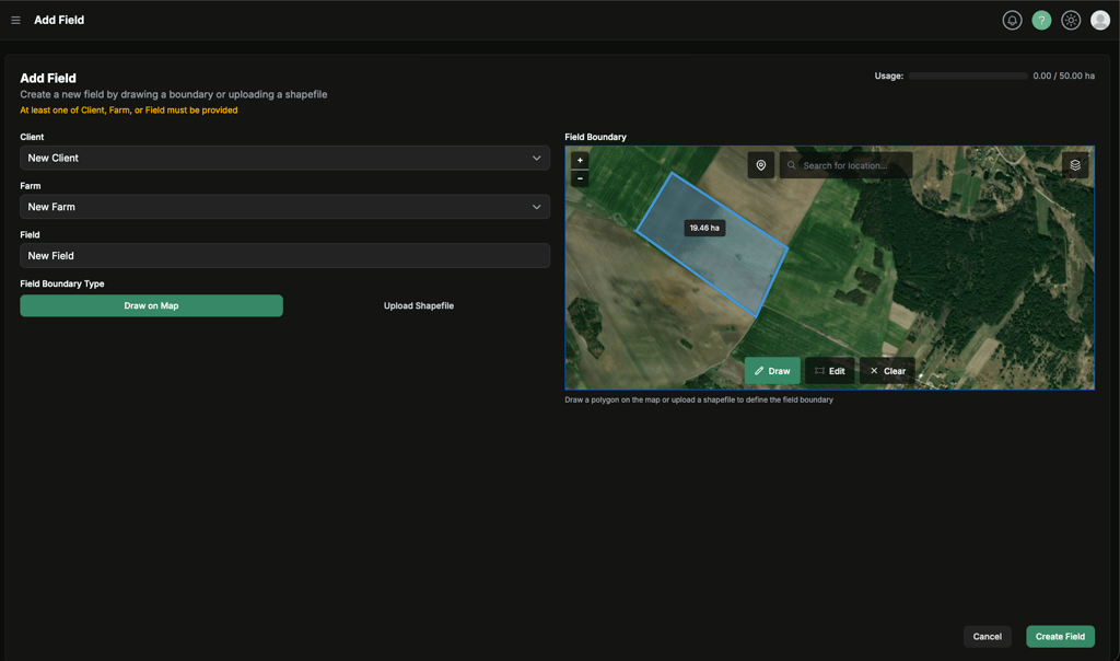 Draw-on-map field creation with boundary completed on the map