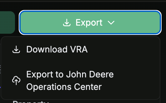 Export dropdown showing Download VRA and Export to John Deere Operations Center