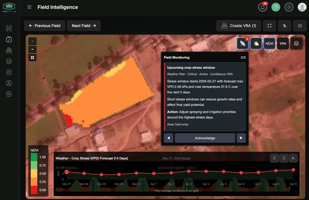 Field Intelligence with field monitoring alert and weather or stress context on the map