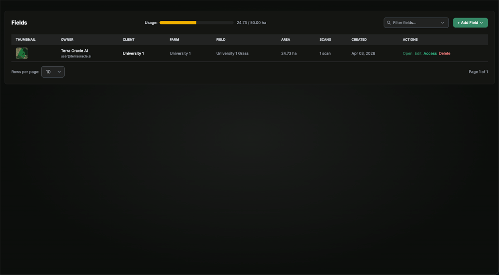 Fields page with field list and management actions