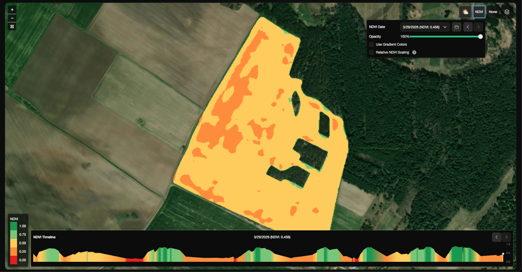 NDVI layer on the field map with date selector, legend, and NDVI timeline