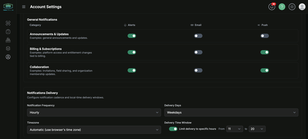 General notification categories with Alerts, Email, and Push toggles