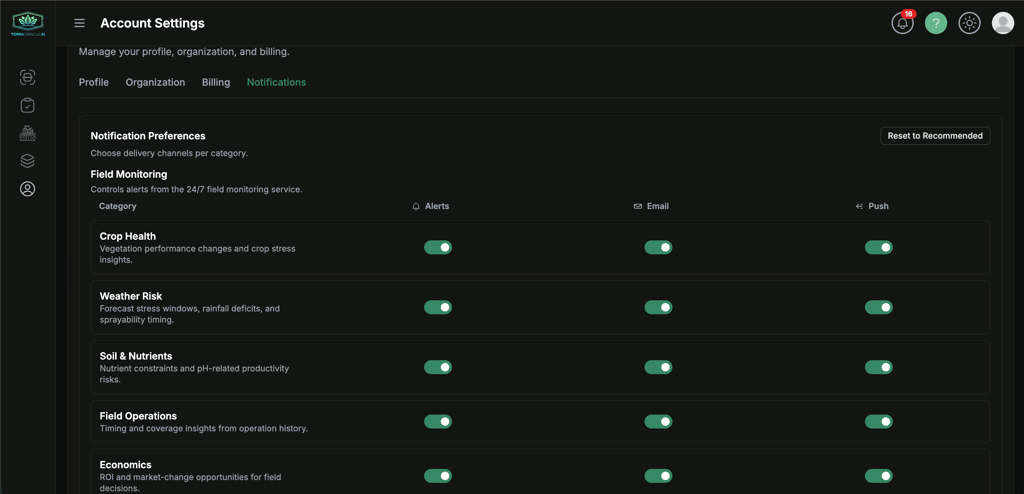 Field Monitoring notification categories with per-channel toggles