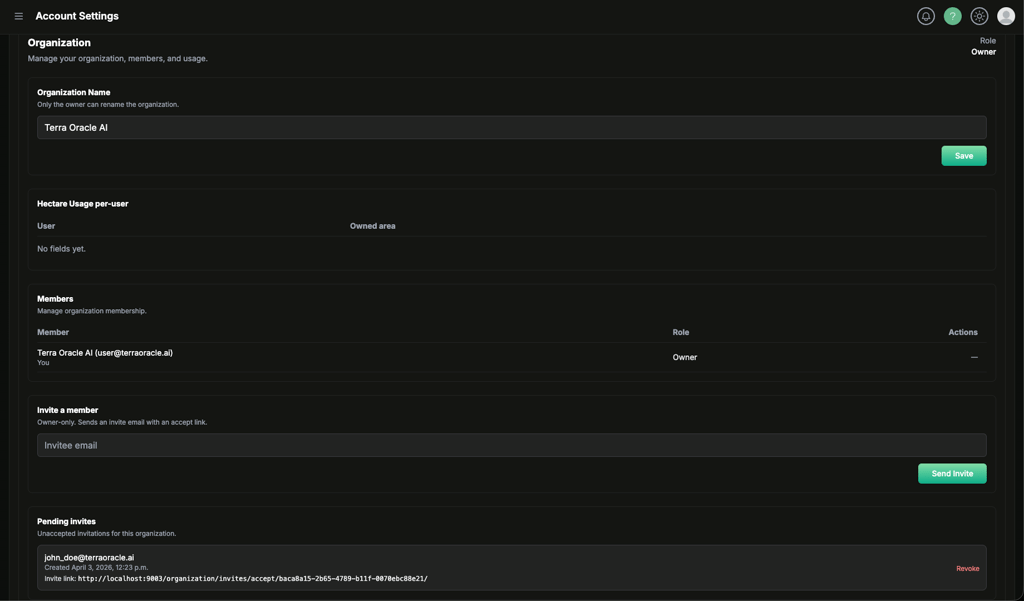 Organization tab with members, pending invites, and owner actions