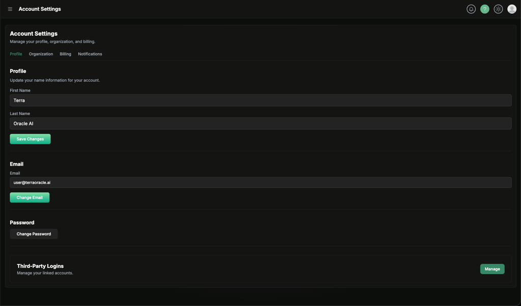 Account Settings page with profile, organization, and billing tabs