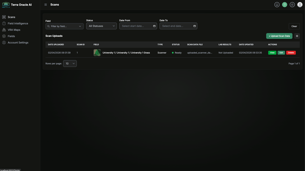 Field Data page with table, filters, and actions