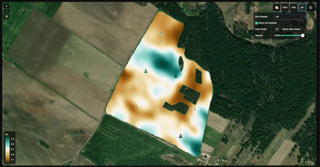 Soil pH raster on the map with lab sample points and soil property settings