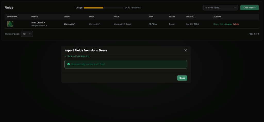 Fields page with successful John Deere import confirmation modal