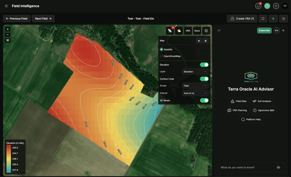 Terrain contour controls showing Layer, Scope, Interval, and 3D Terrain