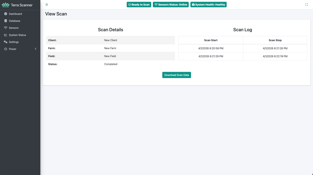 View Scan page with scan details and Download Scan Data button