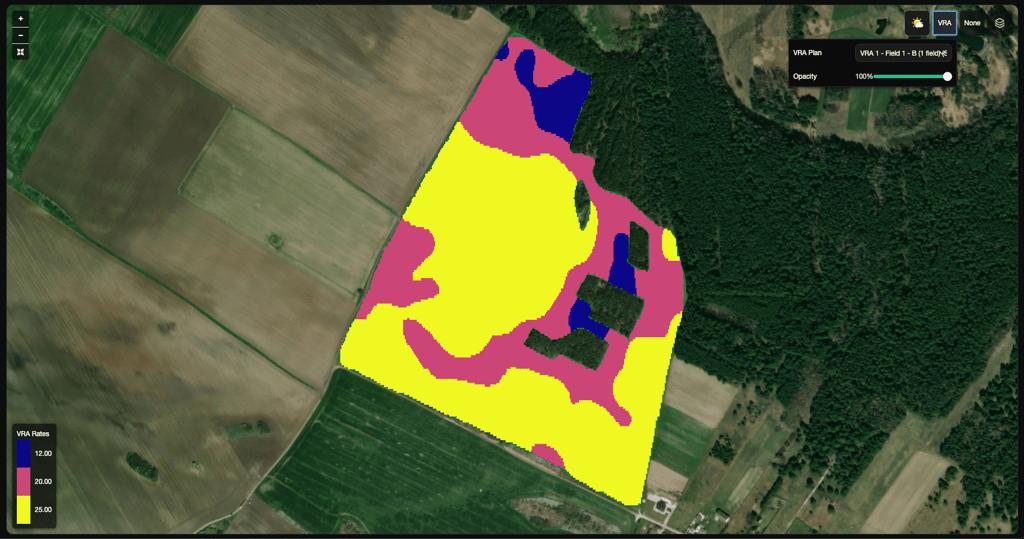 Field Intelligence VRA layer with plan selector, rates legend, and map overlay