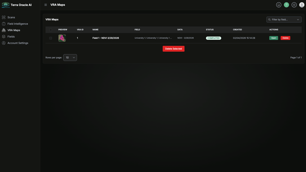 VRA Maps page with plans and map management