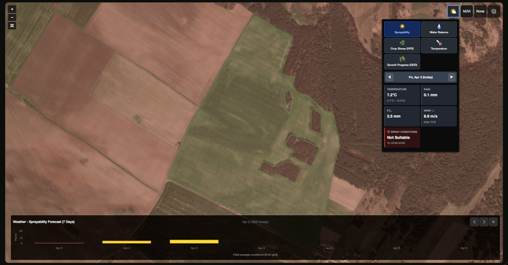 Field Intelligence weather layer with sprayability forecast and map controls