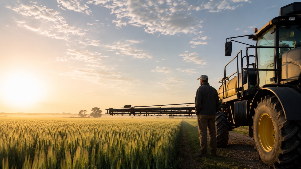 Farmer standing beside a field sprayer at sunrise overlooking a crop field