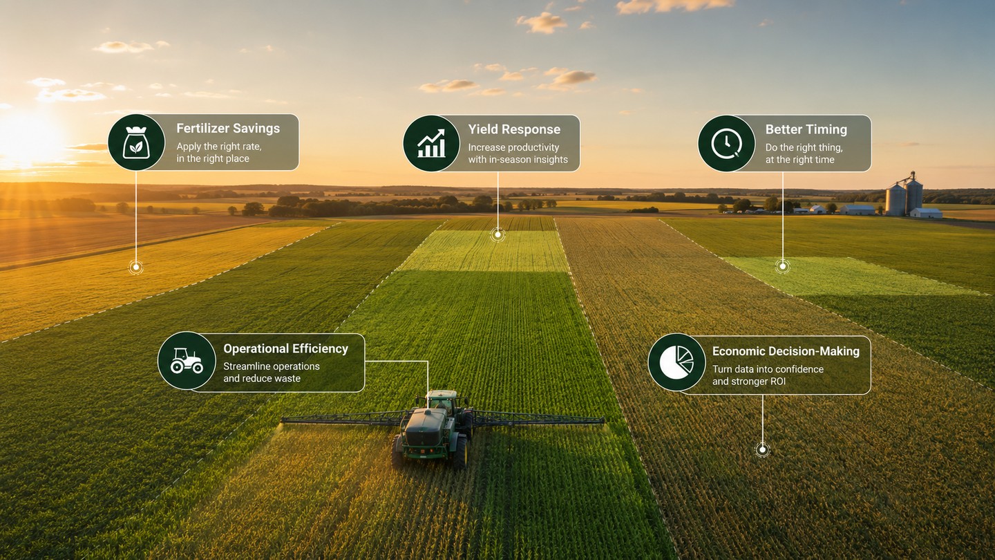 Aerial view of a sprayer in a field at sunset, highlighting precision agriculture ROI sources: fertilizer savings, yield response, better timing, operational efficiency, and economic decision-making