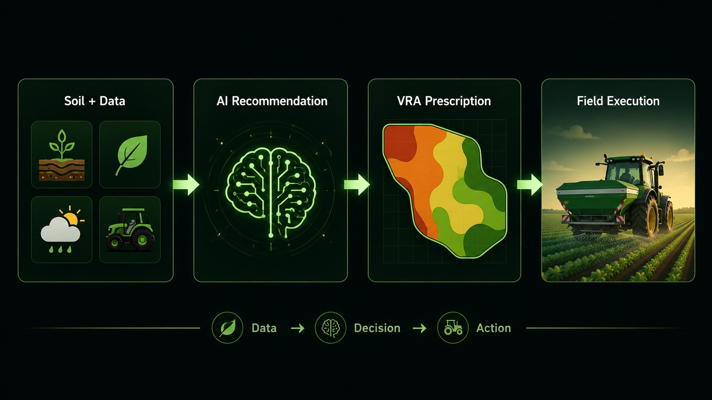 Diagram of the Terra Oracle AI workflow: soil and field data feeding an AI recommendation, then a variable-rate prescription, then field execution