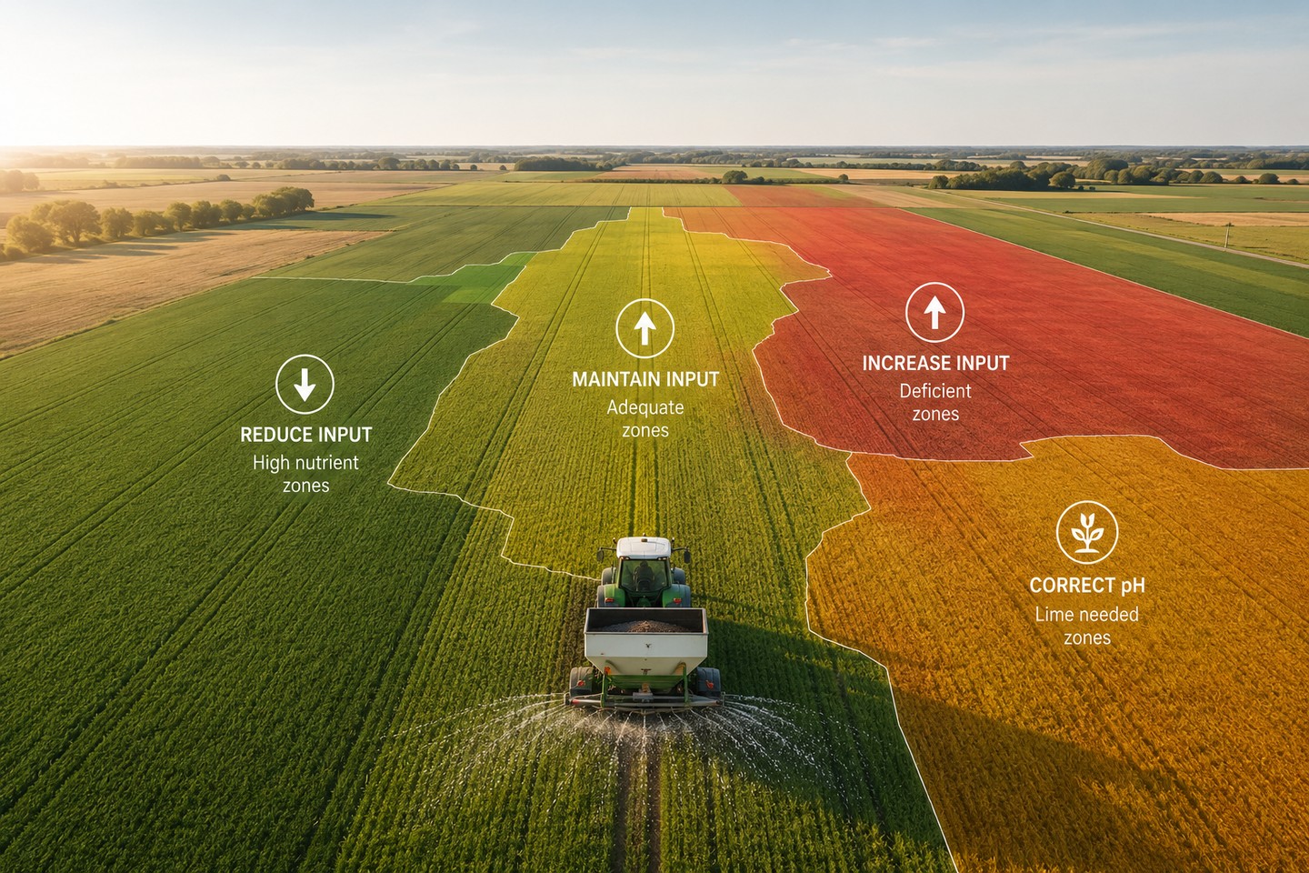 Aerial view of a fertilizer applicator over a field split into management zones labeled reduce input, maintain input, increase input, and correct pH