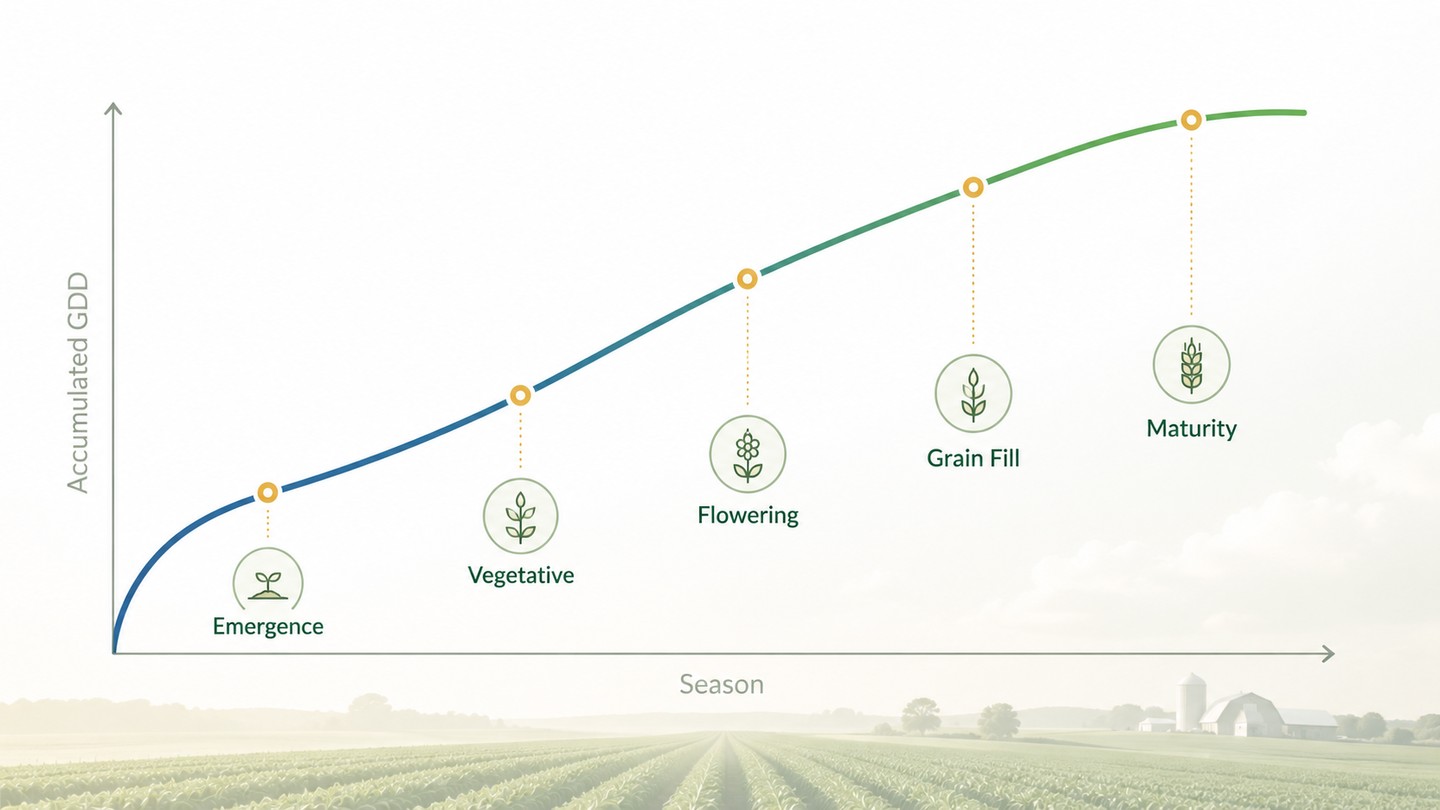 Accumulated GDD curve across the season with crop stages from emergence through maturity