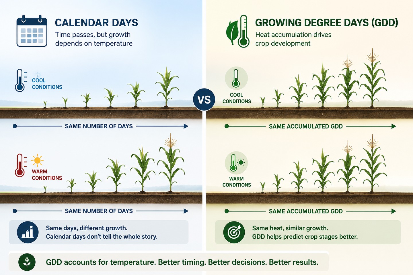 Comparison of calendar days versus growing degree days for predicting crop development under cool and warm conditions