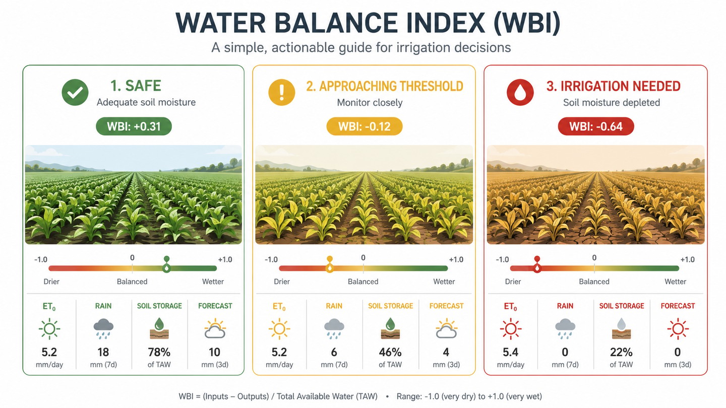 Water Balance Index guide showing Safe, Approaching Threshold, and Irrigation Needed statuses