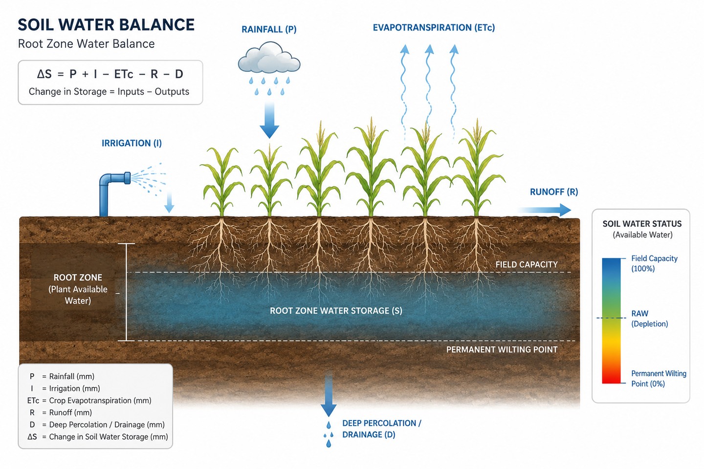 Soil water balance diagram showing rainfall, irrigation, crop evapotranspiration, runoff, and deep drainage in the root zone