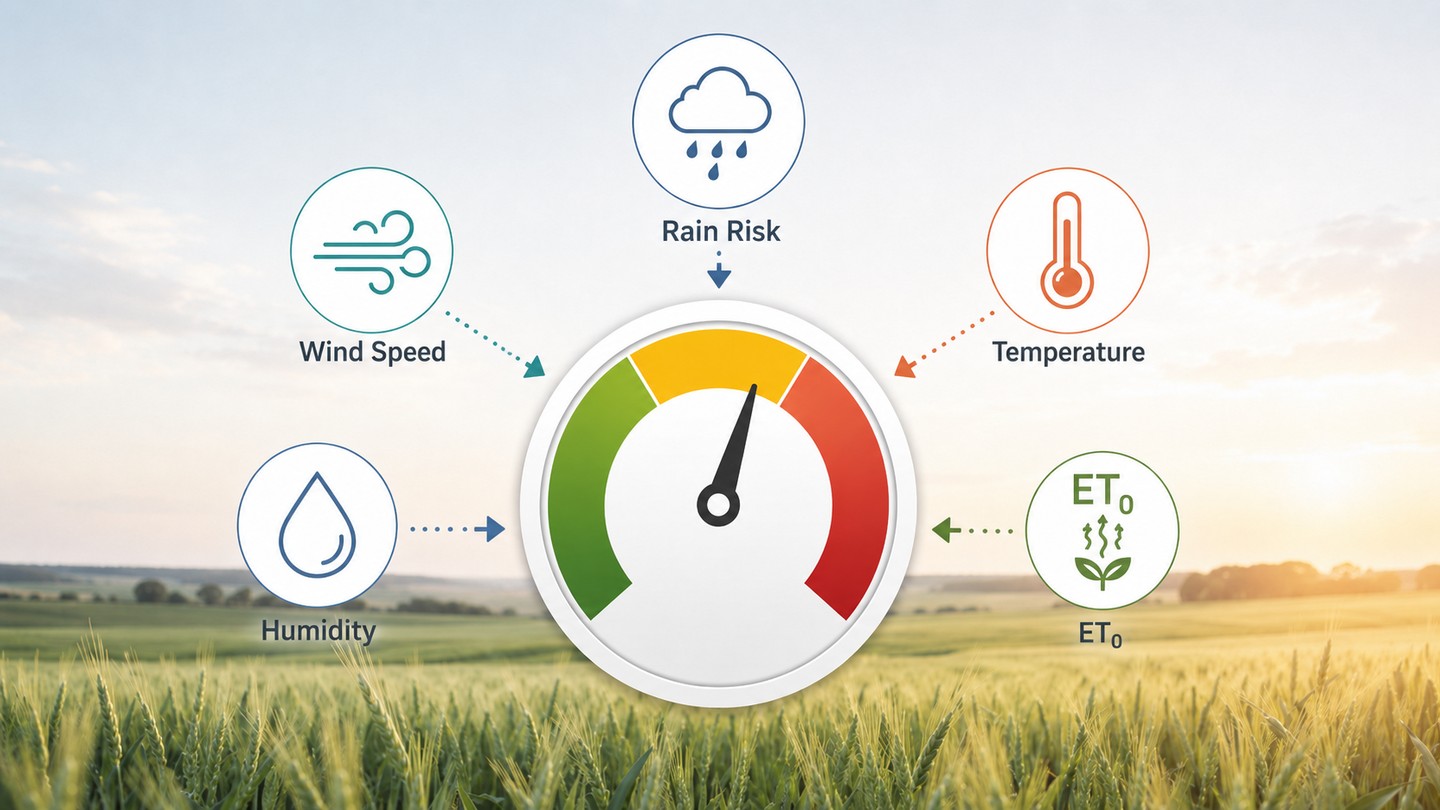 Sprayability Index gauge with wind speed, rain risk, temperature, humidity, and ETo as contributing factors