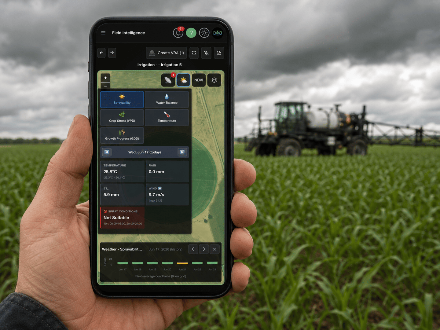 Mobile Field Intelligence view showing sprayability as not suitable beside a parked sprayer in the field