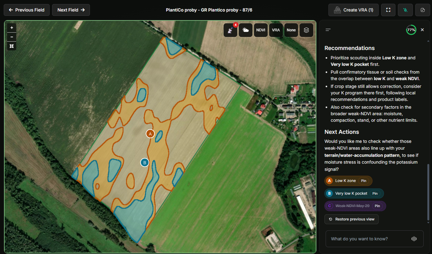 Field map with low-K zones and weak NDVI pinned alongside AI Advisor recommendations