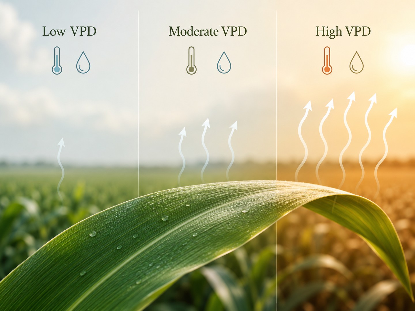 Low, moderate, and high VPD panels showing rising atmospheric demand and transpiration from a crop canopy