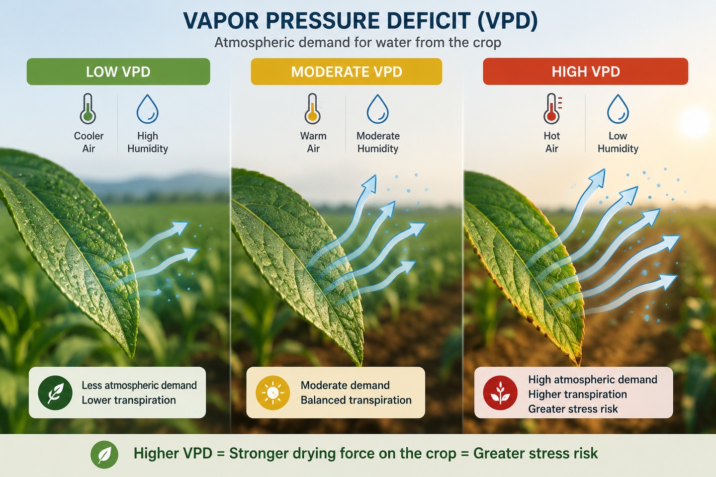 VPD guide comparing low, moderate, and high atmospheric demand on the crop